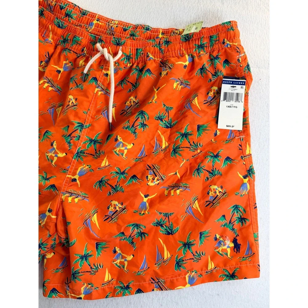 Polo Ralph Lauren Mens Orange Tropical Hula Sailboat Swim Trunks 1XB NWT